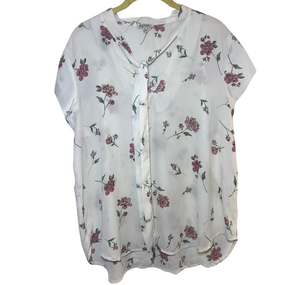 Lily White Women’s Floral Blouse Size XL Lightweight Cap Sleeve Tie at Neck